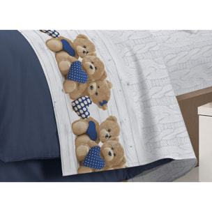 Completo Lenzuola 100% Cotone New Orsetti Blu