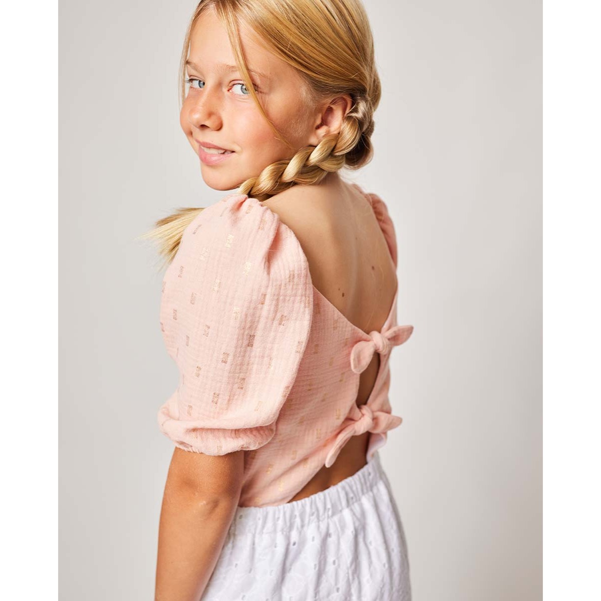 BLUSA MANGA ABULLONADA BRILLO ROSA