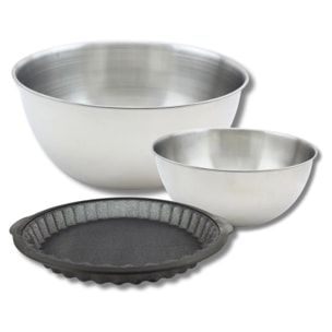Ensemble avec 1 Moule à tarte en silicone fibre de verre, 1 spatule Zenker et 2 bols à mixer en inox Fackelmann