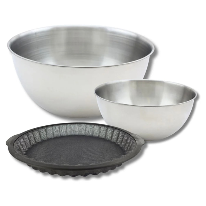 Ensemble avec 1 Moule à tarte en silicone fibre de verre, 1 spatule Zenker et 2 bols à mixer en inox Fackelmann