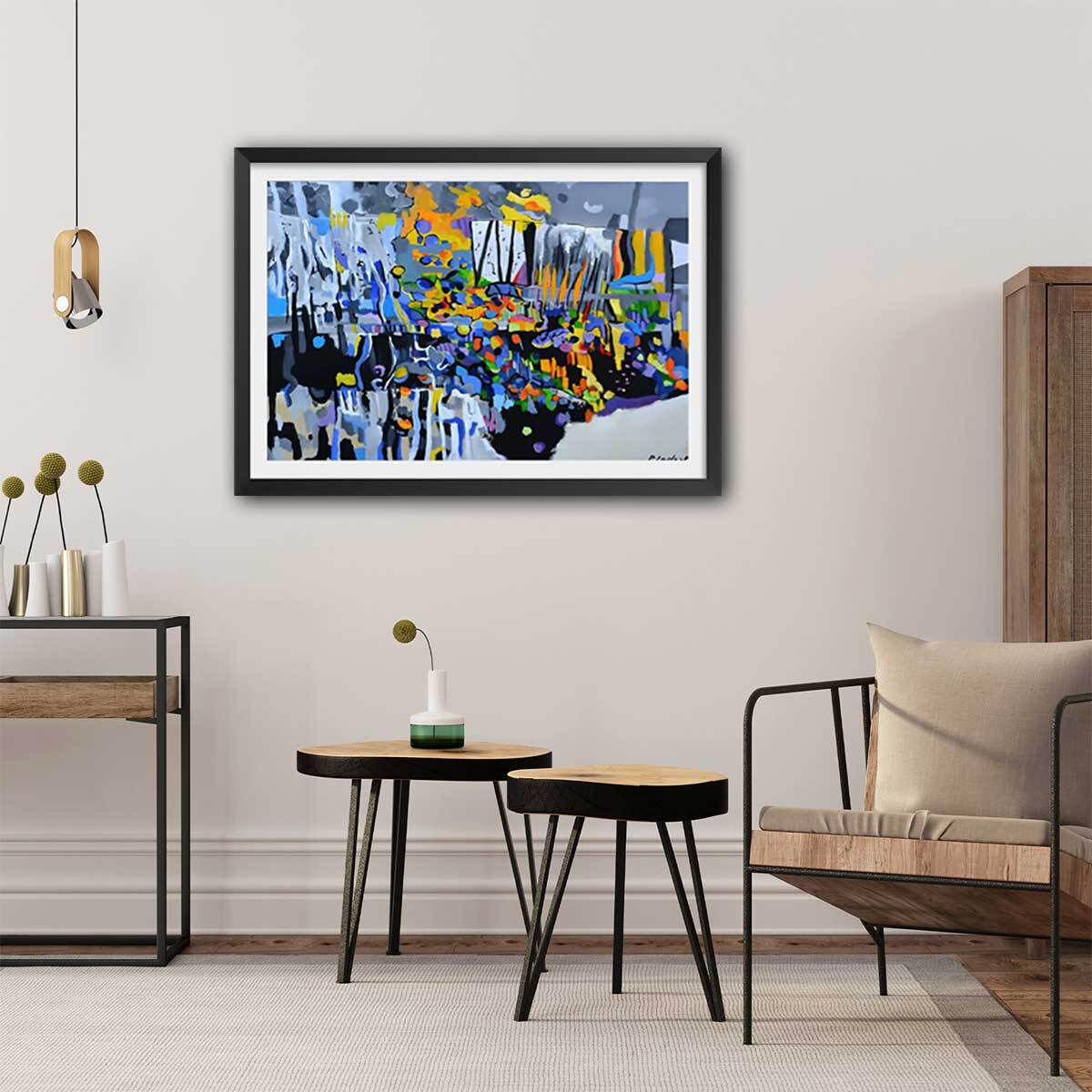 Affiche abstraite champs de bleuet Affiche sous cadre noir