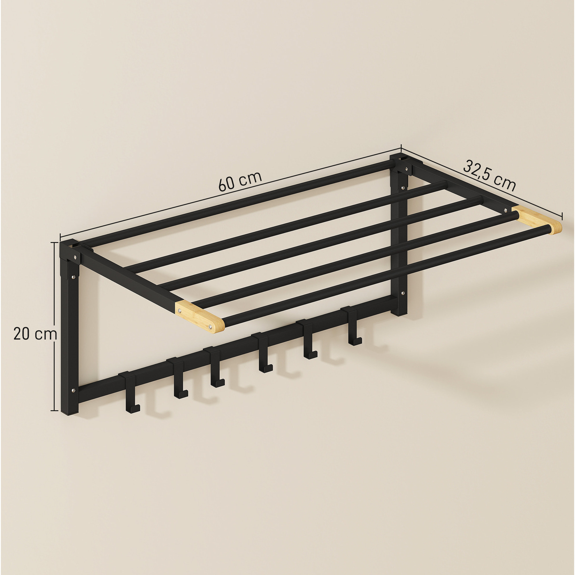 Toallero de Baño de Pared, Toallero Plegable con 5 Barras y 6 Ganchos, para Toallas, Baño, 60 cm, Negro