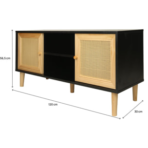Meuble TV scandinave en cannage "Iguane" - 120 x 30 x 56.5 cm - Noir