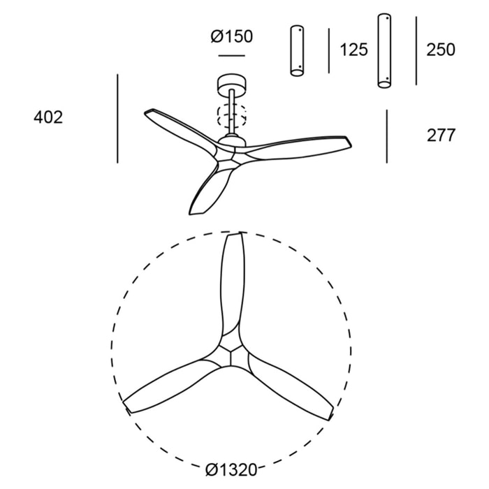 Forlight - Ventilador Stem Evo ø1320mm Acero, Cristal Blanco palas Blancas, Arenado
