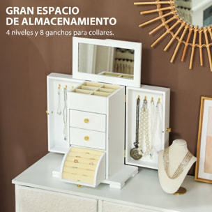 Caja Joyero de 4 Niveles, Joyero Mujer Organizador Grande con 2 Cajones, Espejo, Puertas Laterales Giratorias con Ganchos, para Pendientes, Anillos, Collares, Blanco
