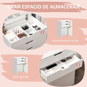 Tocador de Maquillaje con Taburete Oculto y Espejo Abatible, Mesa de Maquillaje con Cajón y 7 Compartimentos, Taburete Acolchado con Almacenamiento, para Espacios Reducidos, Vestidor, Blanco