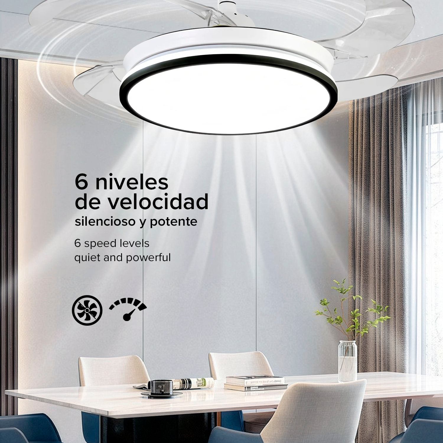 Ventilador de techo 7807 120 cm, aspas retráctiles, motor DC 36W, luz LED regulable 60W, 6 velocidades y modo invierno/verano. Control mediante mando a distancia o aplicación móvil.