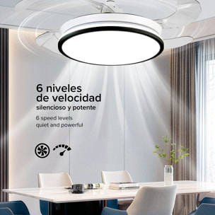 Ventilador de techo 7807 120 cm, aspas retráctiles, motor DC 36W, luz LED regulable 60W, 6 velocidades y modo invierno/verano. Control mediante mando a distancia o aplicación móvil.