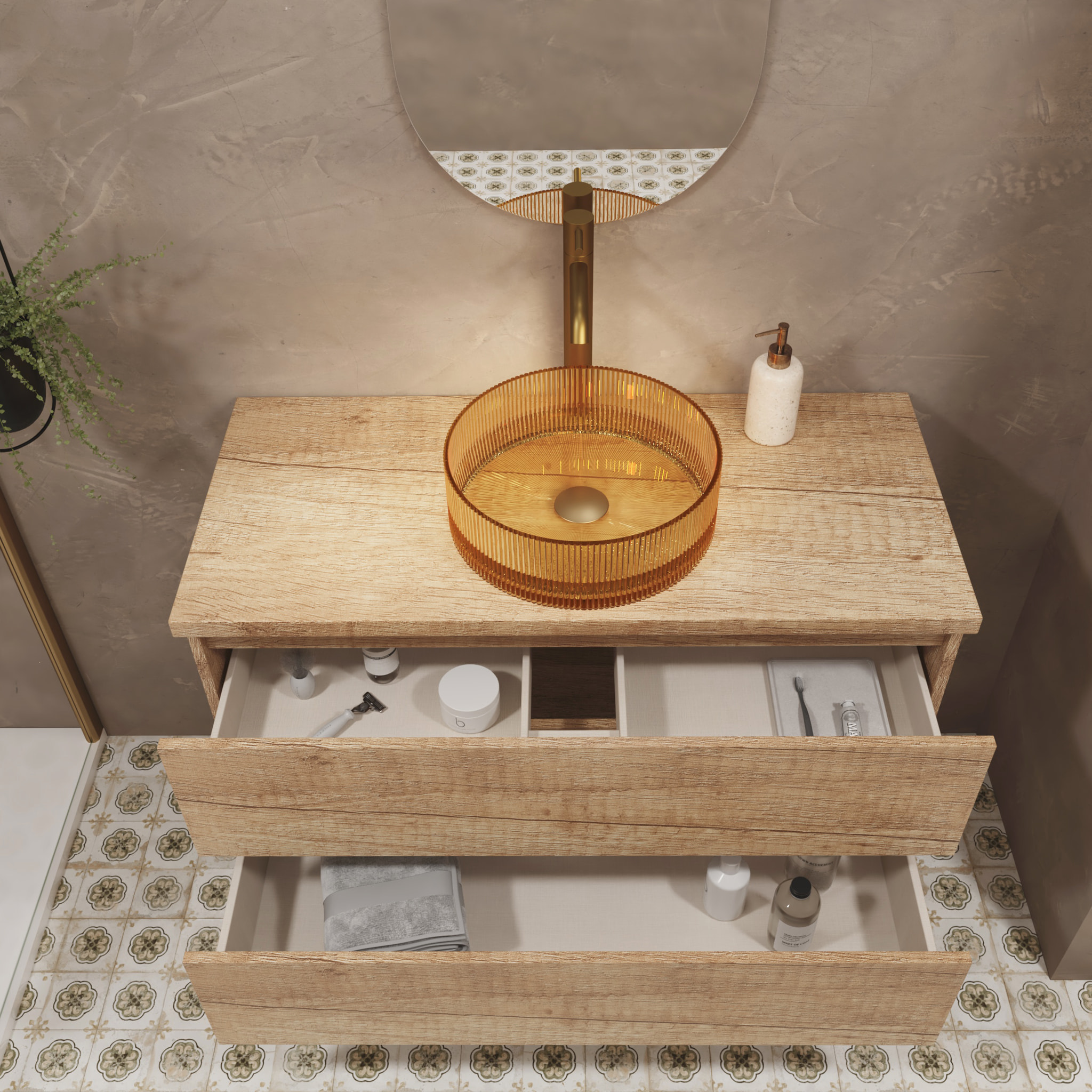 Conjunto de Baño Glass | 60 cm Nature | Dos Cajones | Lavabo de Vidrio Xampagne | No incluye Espejo | Mueble Montado | Alday