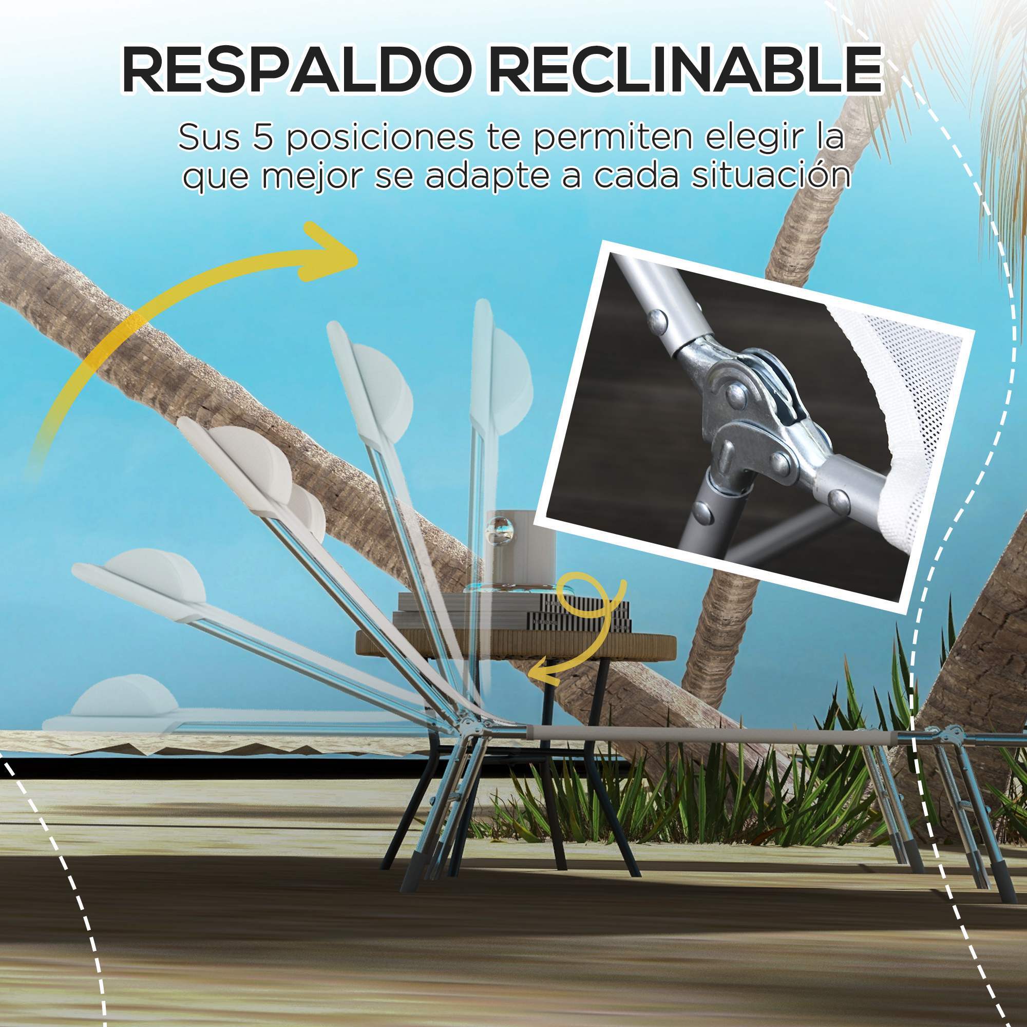 Conjunto de 2 Tumbonas Plegables y Reclinables de Jardín con Reposacabezas y Respaldo Ajustable en 5 Niveles Carga 120 kg para Playa Terraza 182x56x24,5 cm Crema
