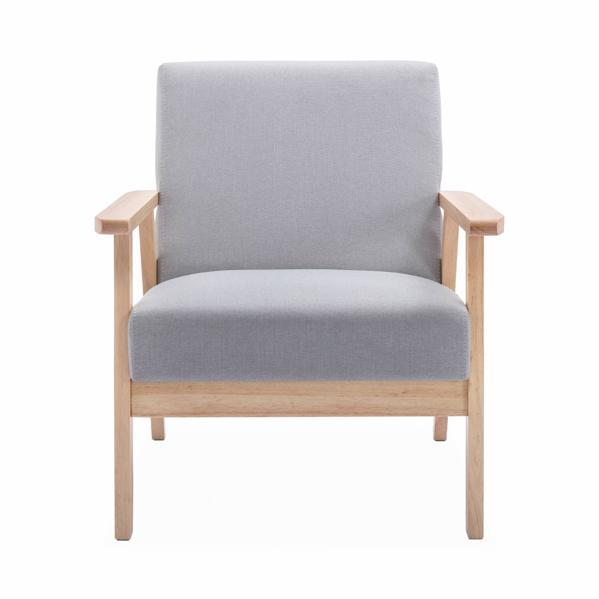 Fauteuil scandinave en bois et tissu gris clair. Isak. L 64 x P 69.5 x H 73cm