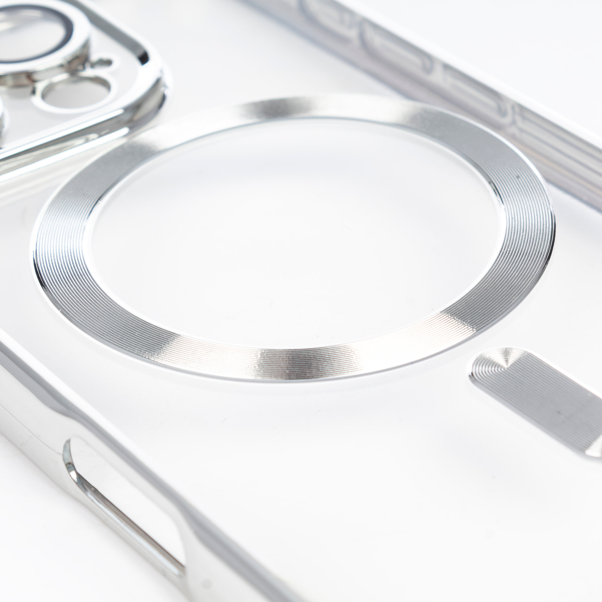 Custodia trasparente con camera coperta, bordi argentati, antiurto e anti-impronta. Magsafe per iPhone 16 Pro.