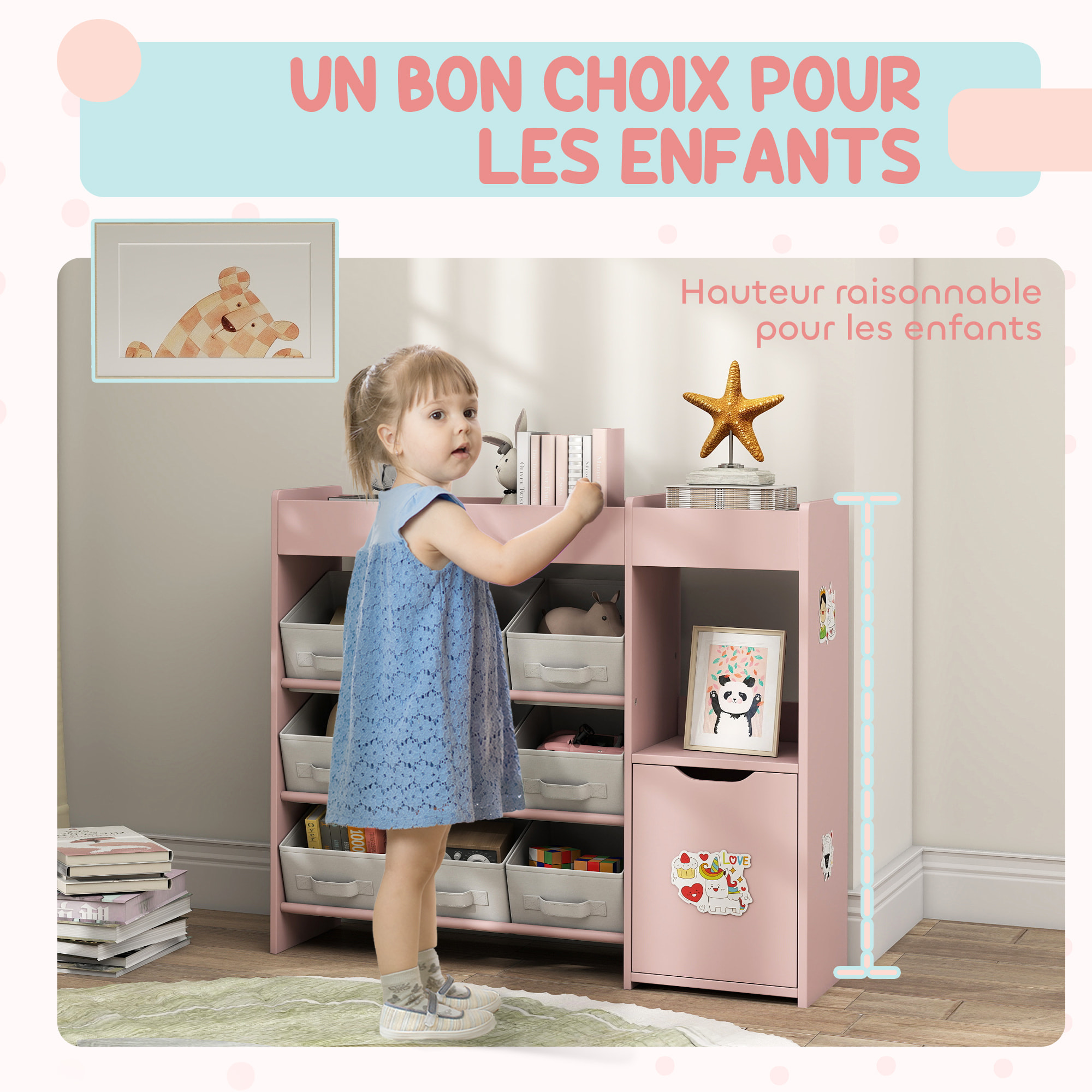 Etagère de rangement enfant pour jouets livres - 9 boîtes amovibles non-tissé - porte, niche, 2 compartiments - blanc rose