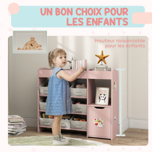Etagère de rangement enfant pour jouets livres - 9 boîtes amovibles non-tissé - porte, niche, 2 compartiments - blanc rose