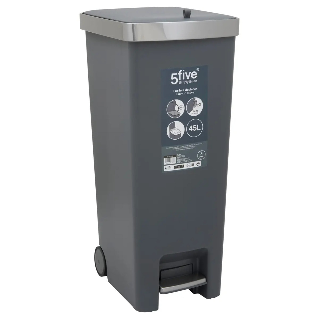 Poubelle slim à pédale 45L gris