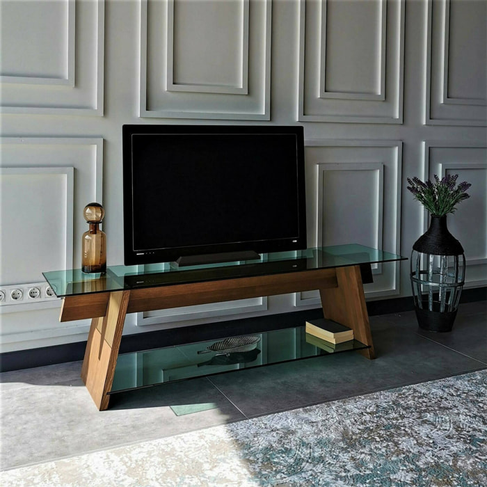 Mobile porta TV Amorosi, Credenza da soggiorno, Armadio basso per TV, Base parete attrezzata, 158x40h45 cm, Noce e Verde