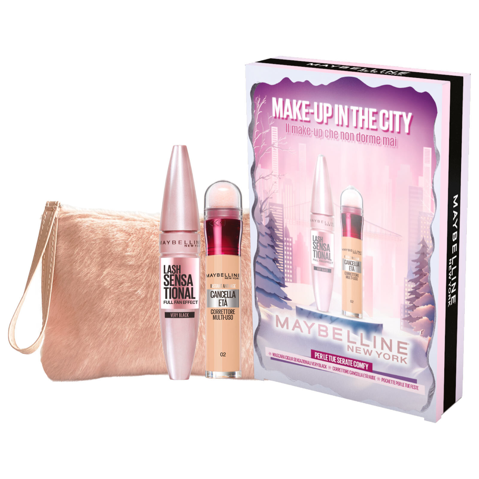 Confezione Regalo Natale Make Up in The City con Mascara Lash Sensational + Cancella Età Nude 02 + Pochette