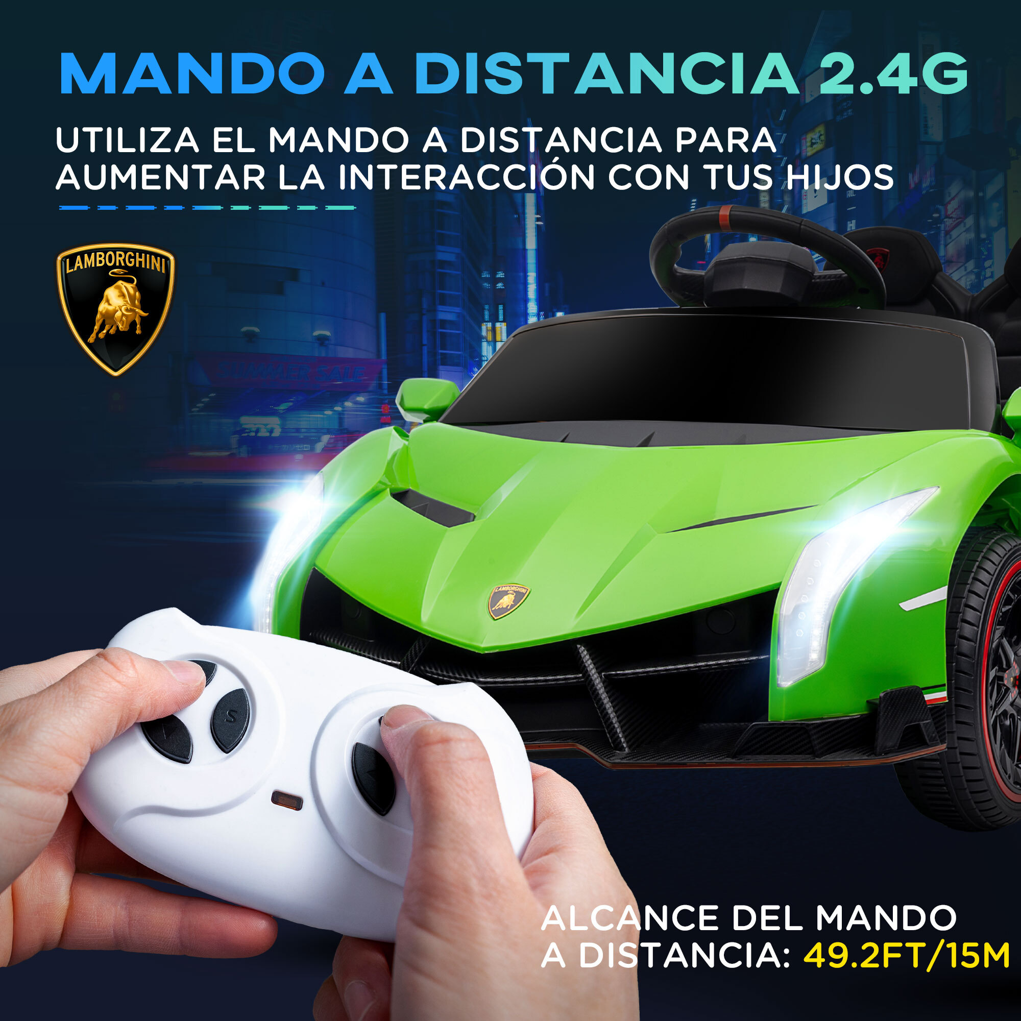 Coche Eléctrico Lamborghini para Niños de 3 a 6 Años Coche de Batería 12V Velocidad Max.7 km/h Puerta de Tijera con Control Remoto MP3 Luces y Cinturón de Seguridad 111x61x45 cm Verde