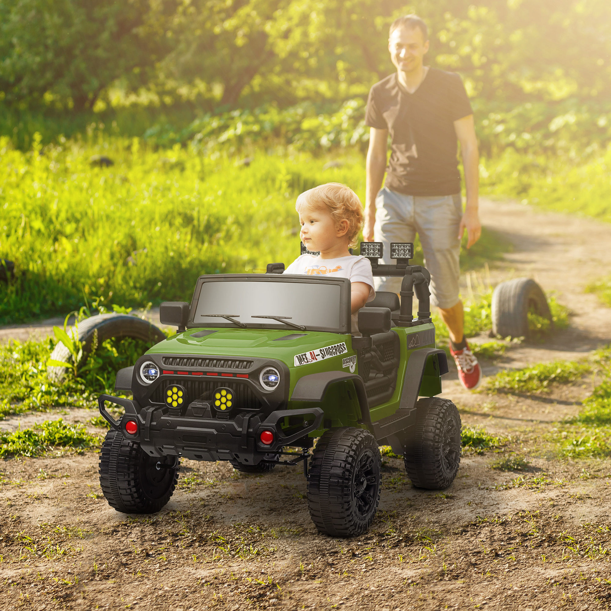 Coche Eléctrico para Niños de +3 Años Carro Eléctrico Infantil Todoterreno de Batería 12V con Mando a Distancia Ruedas Amortiguadas Faros LED Bocina Música Verde