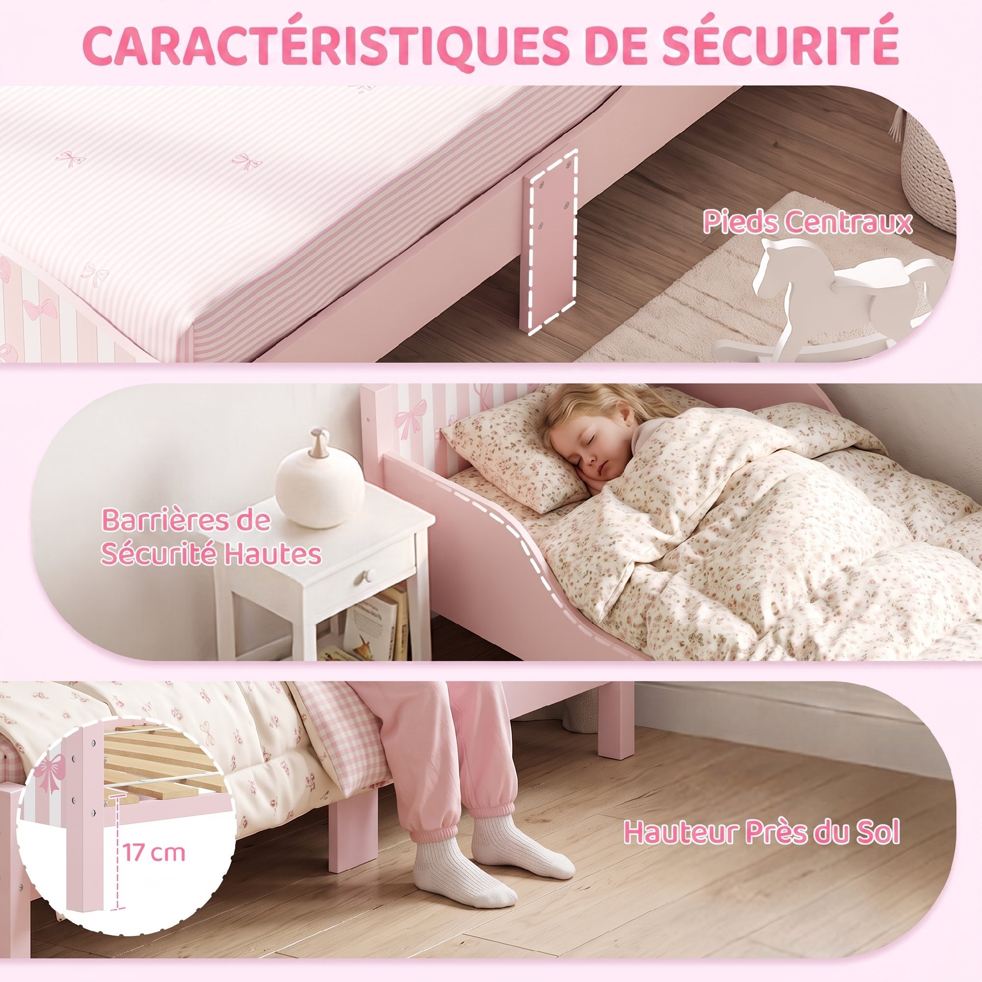 Lit enfant - lit d'enfant design girly - sommier à lattes inclus - MDF contre-plaqué rose blanc
