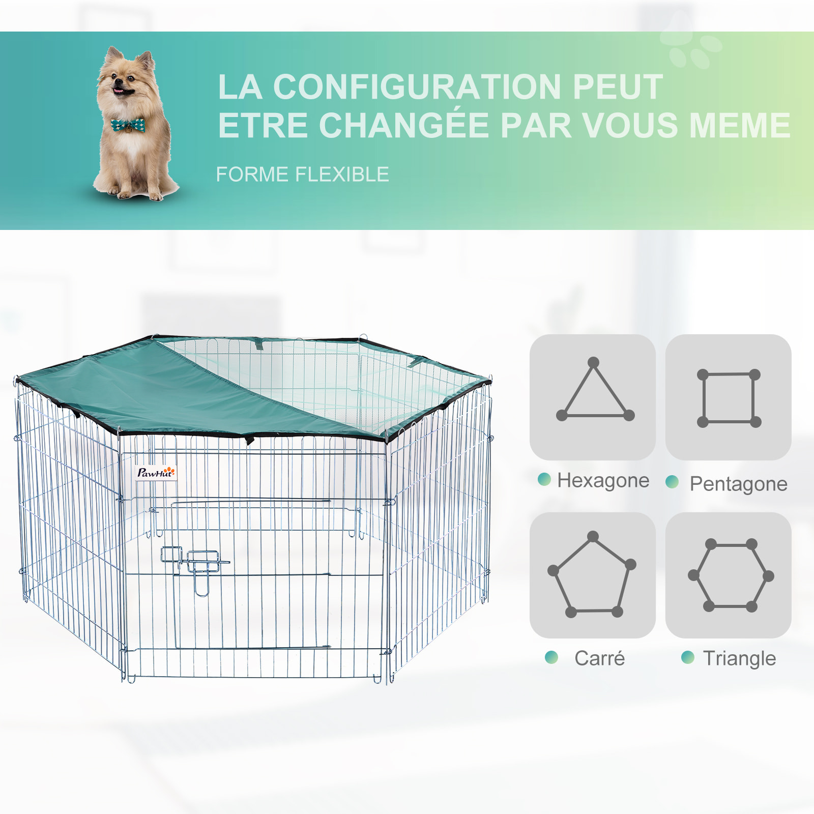 PawHut Parc enclos modulable Acier 6 Panneaux et 1 Porte pour Chiens Ø 120 x 60 cm Gris Métal vert