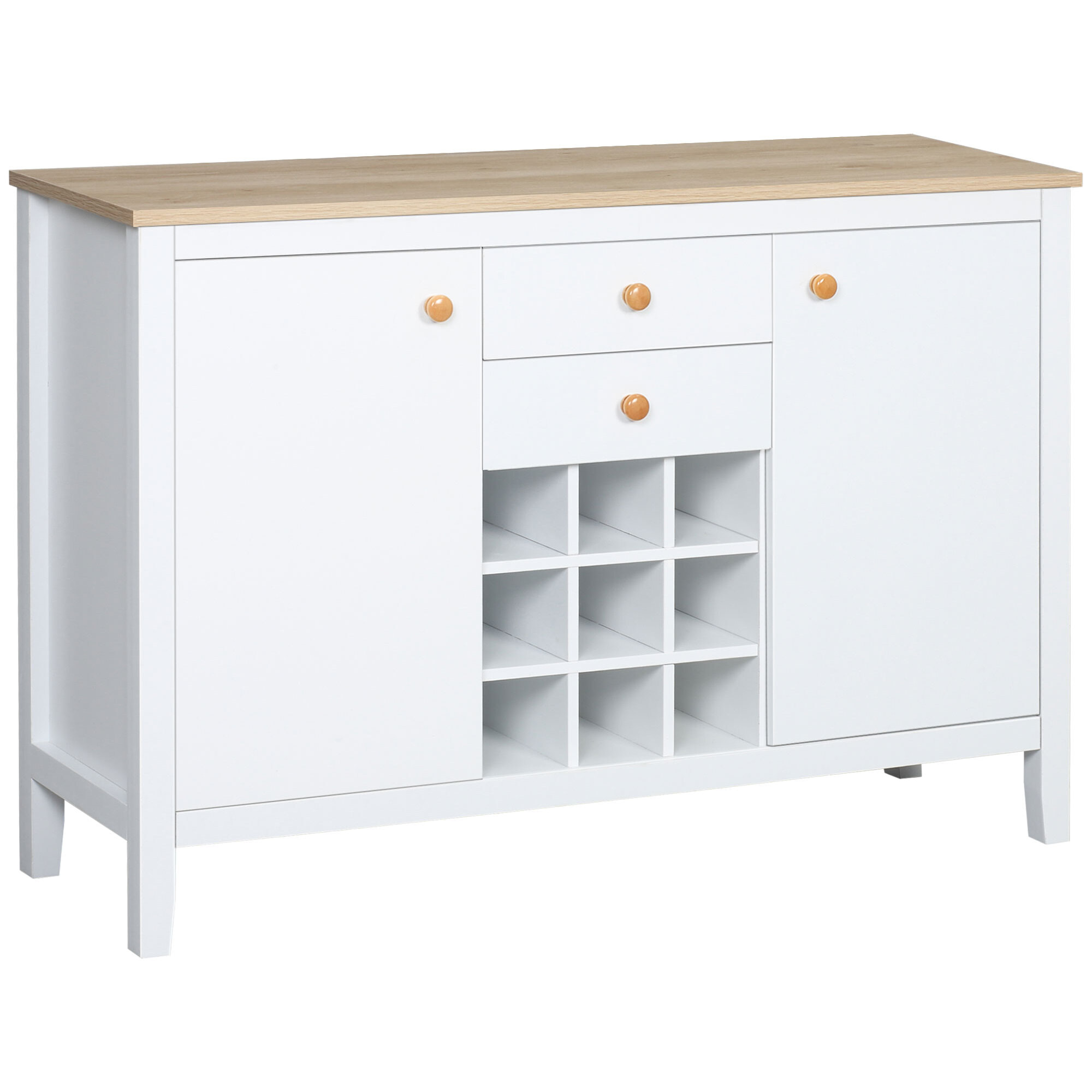 Aparador de Cocina con Botellero Aparador con 2 Cajones 2 Puertas Estantes Ajustables para 9 Botellas Buffet Auxiliar de Cocina para Comedor Salón 110x35x75 cm Blanco