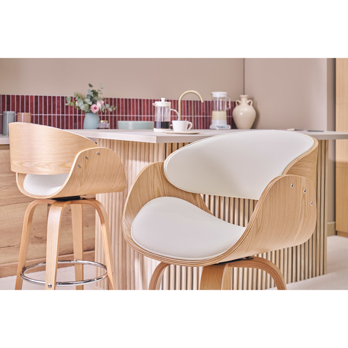 Tabouret de bar pivotant blanc et bois clair H69 cm BENT