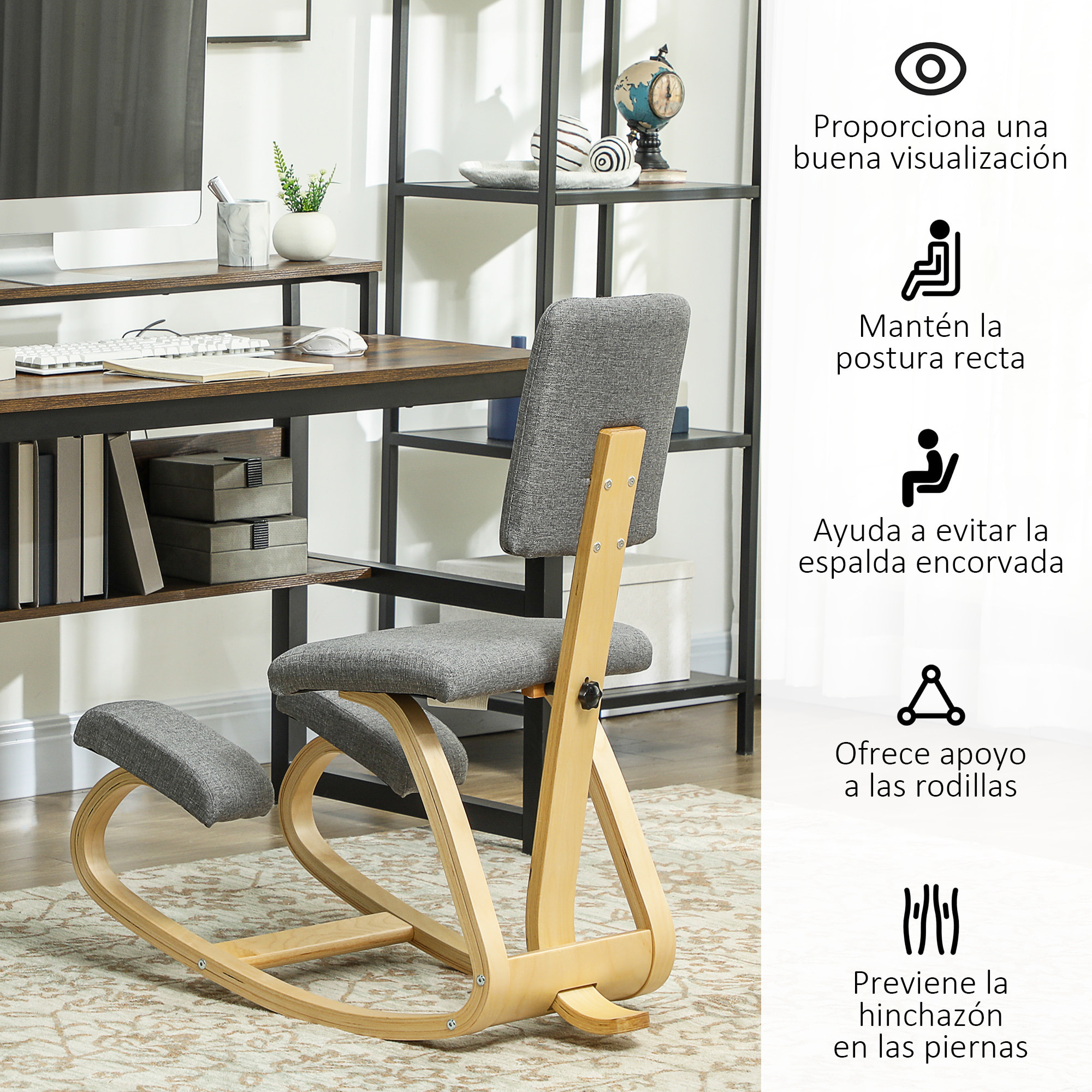 Silla Ergonómica de Rodillas con Respaldo, Silla de Rodillas, Cojines Acolchados, Marco de Madera, para una Mejor Postura, Oficina, Gris