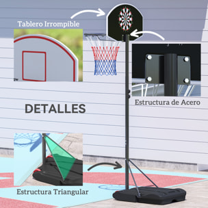 Canasta de Baloncesto para Exterior con Tablero de Dardos Aro de Baloncesto Portátil con Altura Ajustable 210-247 cm Ruedas Base Rellenable para Adolescentes y Adulto Negro