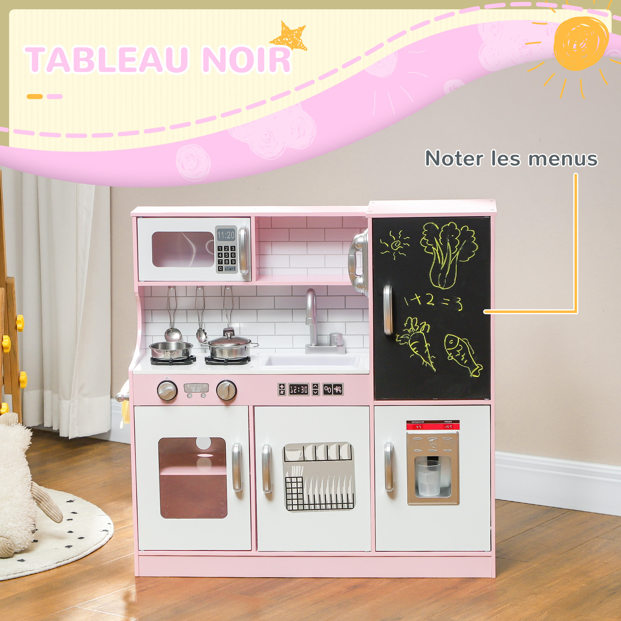 Cuisine enfant - jouet d'imitation cuisine multi-équipée - 5 accessoires acier inox - blanc rose