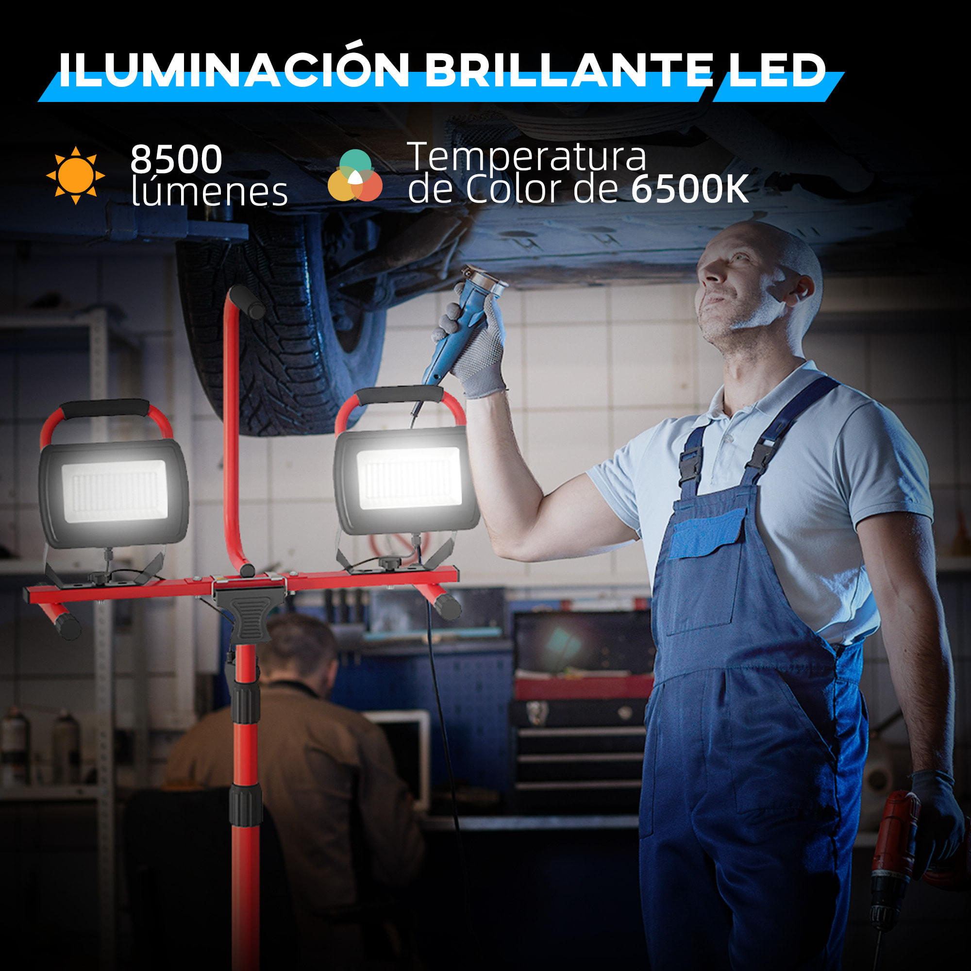 Foco LED Doble Recargable de Aluminio con Trípode Plegable 8500 Lúmenes IP65 6500K y Cabezas Ajustables para Trabajo Interior y Exterior Rojo y Negro