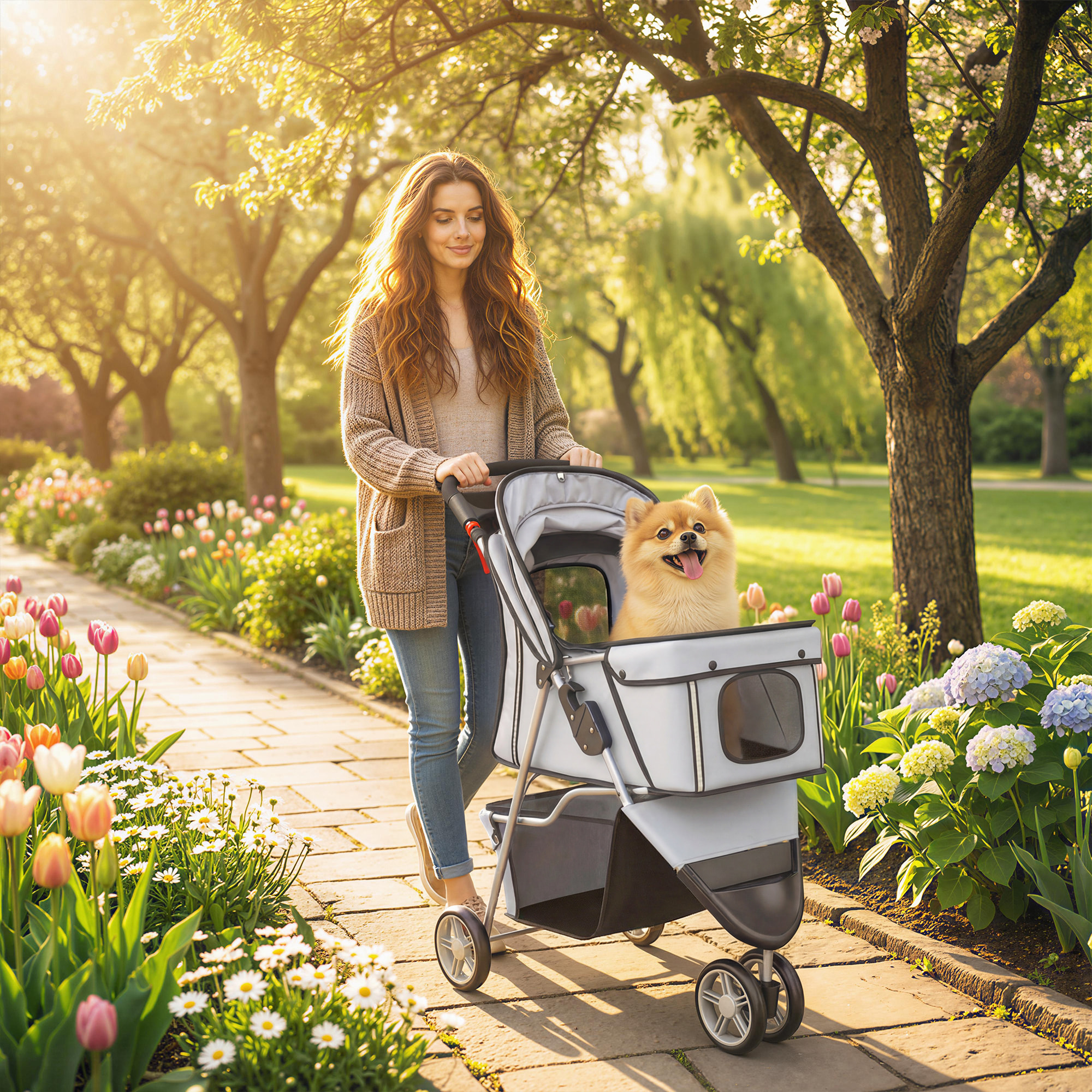 Carrito para Perros Plegable, hasta 10 kg, Cochecito para Perros Pequeños de 3 Ruedas con Capota Ajustable, Cesta, Ventanas de Malla, Portavasos, Ruedas de EVA y Frenos, para Gatos, Gris Claro