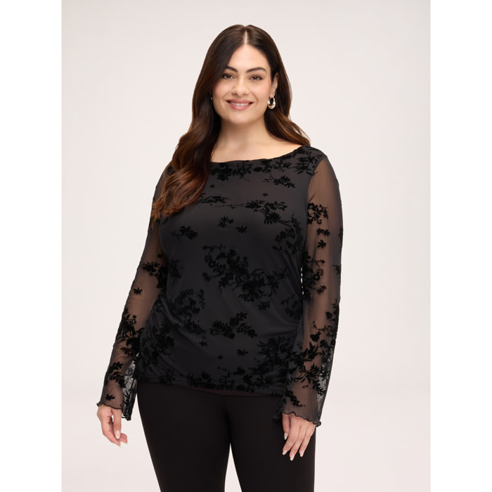 Fiorella Rubino - T-shirt in tulle con ricamo flock - Nero