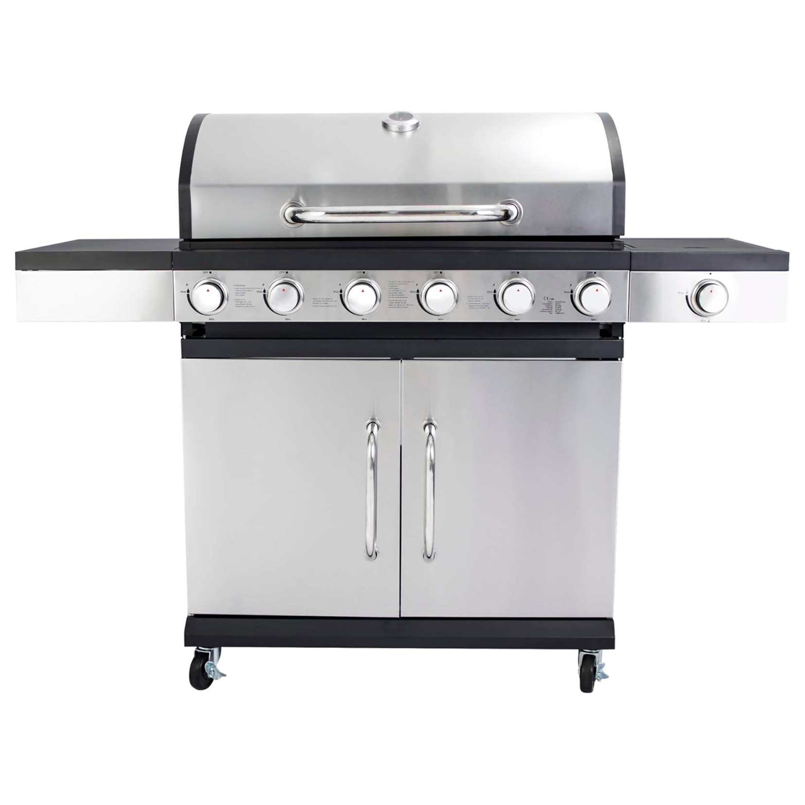 Barbecue a gas con 6+1 bruciatori e termometro integrato.