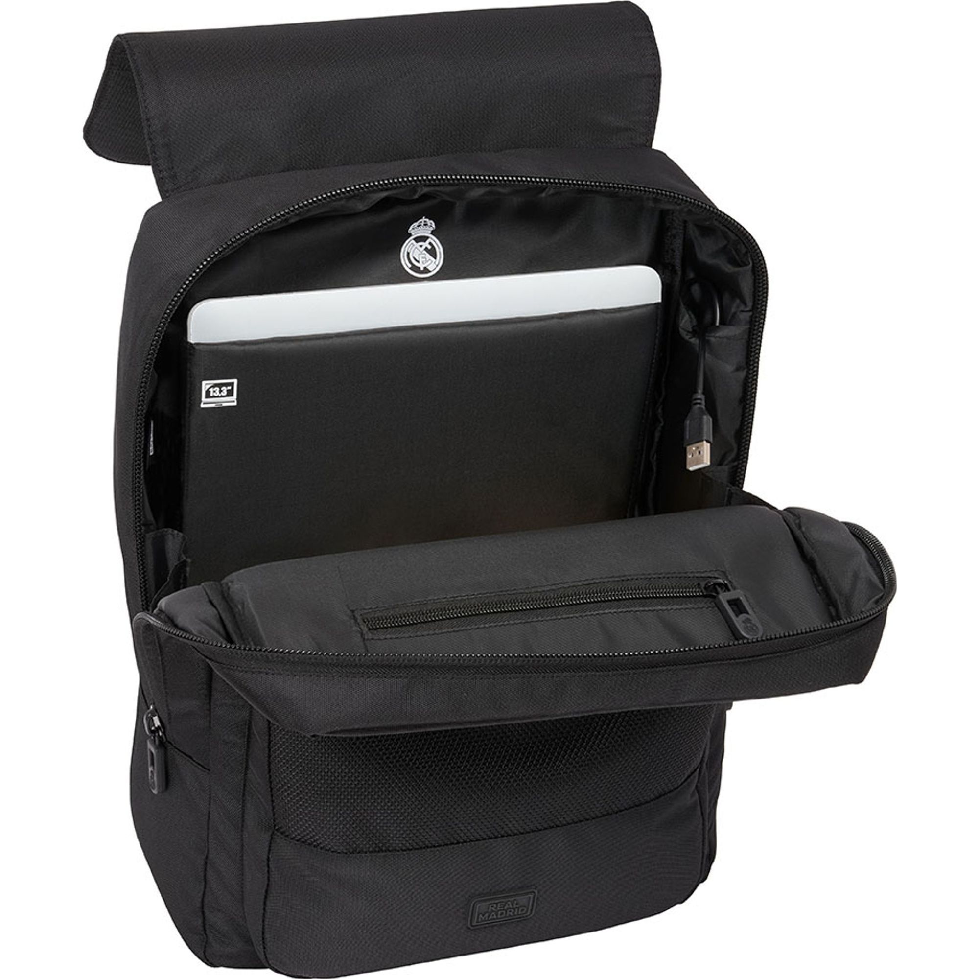 Mochila con solapa portatil 13,3+usb real madrid premium