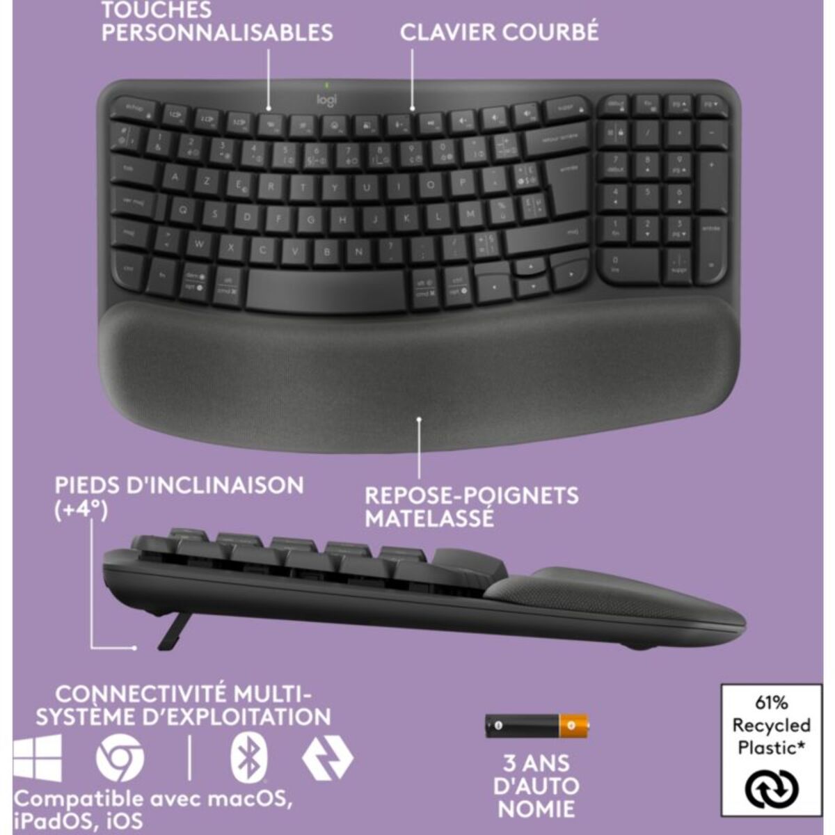 Clavier sans fil LOGITECH Wave Keys ergonomique +  repose poignets