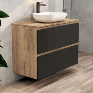 Ensemble de Salle de Bain Nia | Meuble Suspendu | 90 cm Noir | Deux Tiroirs |Lavabo sur Plan | Miroir non inclus | Meuble Monté | Alday