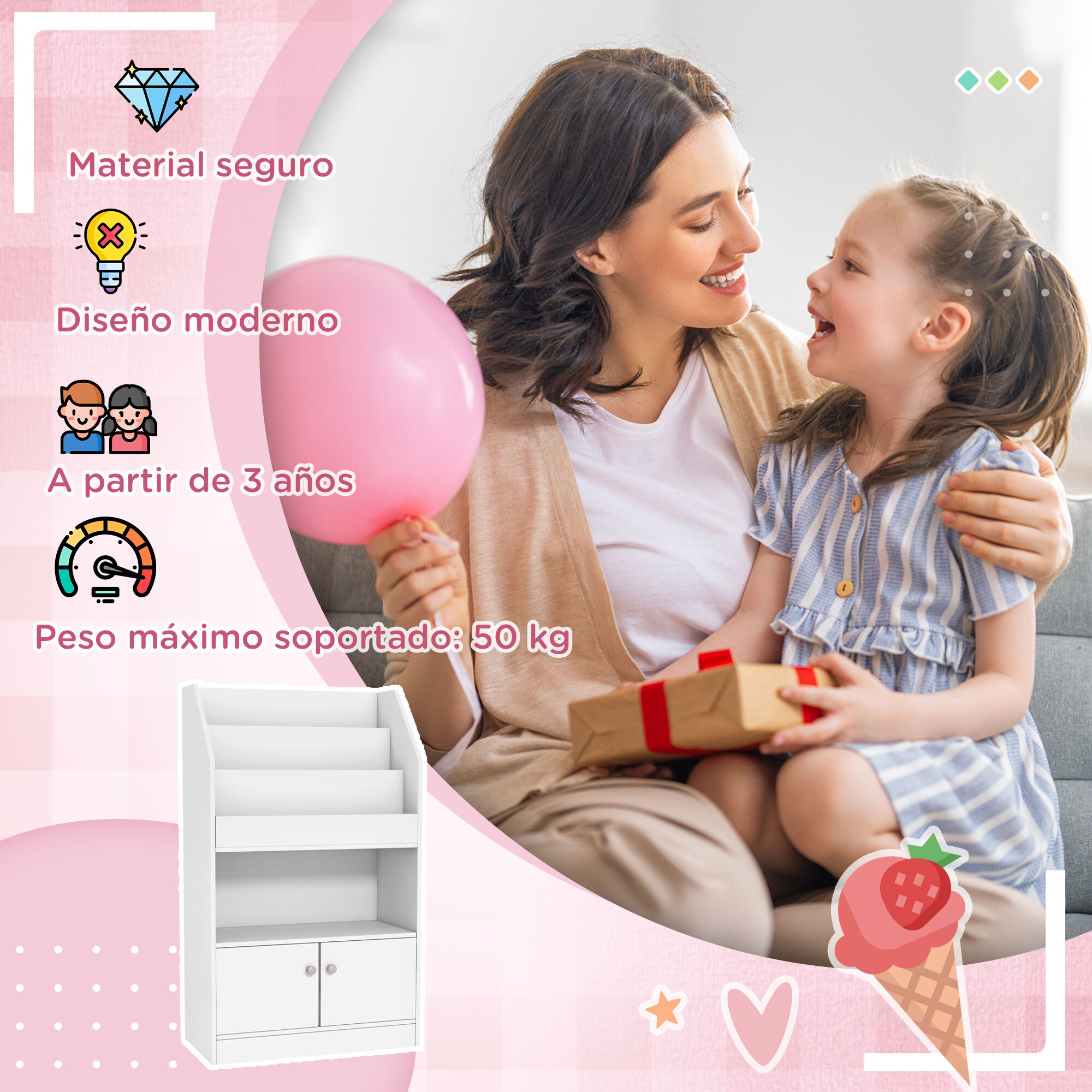 Estantería Juguetes Infantil Librería para Niños de 3 a 8 Años para Juguetes Libros Zapatos con 3 Compartimentos y 2 Armarios para Escuela Dormitorio 60x29,5x100 cm Blanco