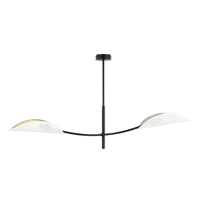Lampada a sospensione Lotus in acciaio nero con paralumi bianco e oro
