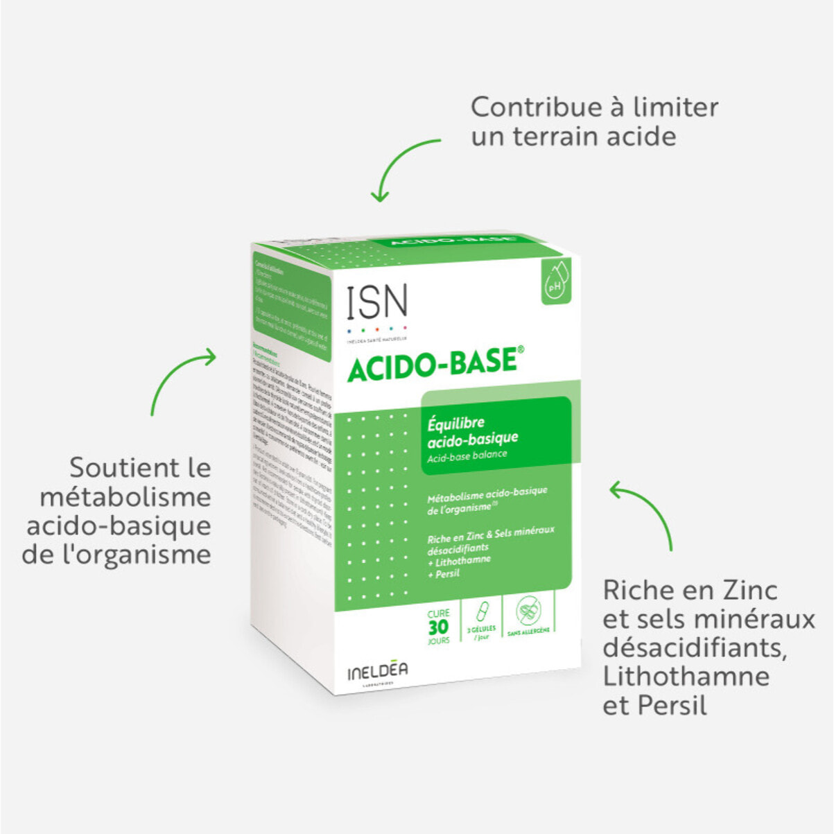 ISN - Acido-Base - Complément alimentaire à base de Lithothamne, Persil et minéraux désacidifiants- Aide à maintenir l'équilibre acido-basique - Cure de 30 jours