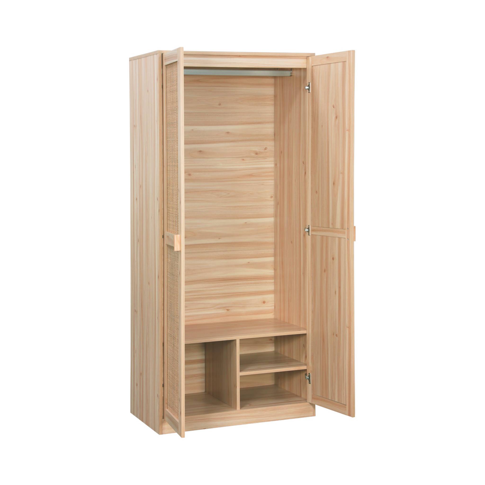 Armoire dressing cannage et effet bois. 2 portes avec penderie et rangements