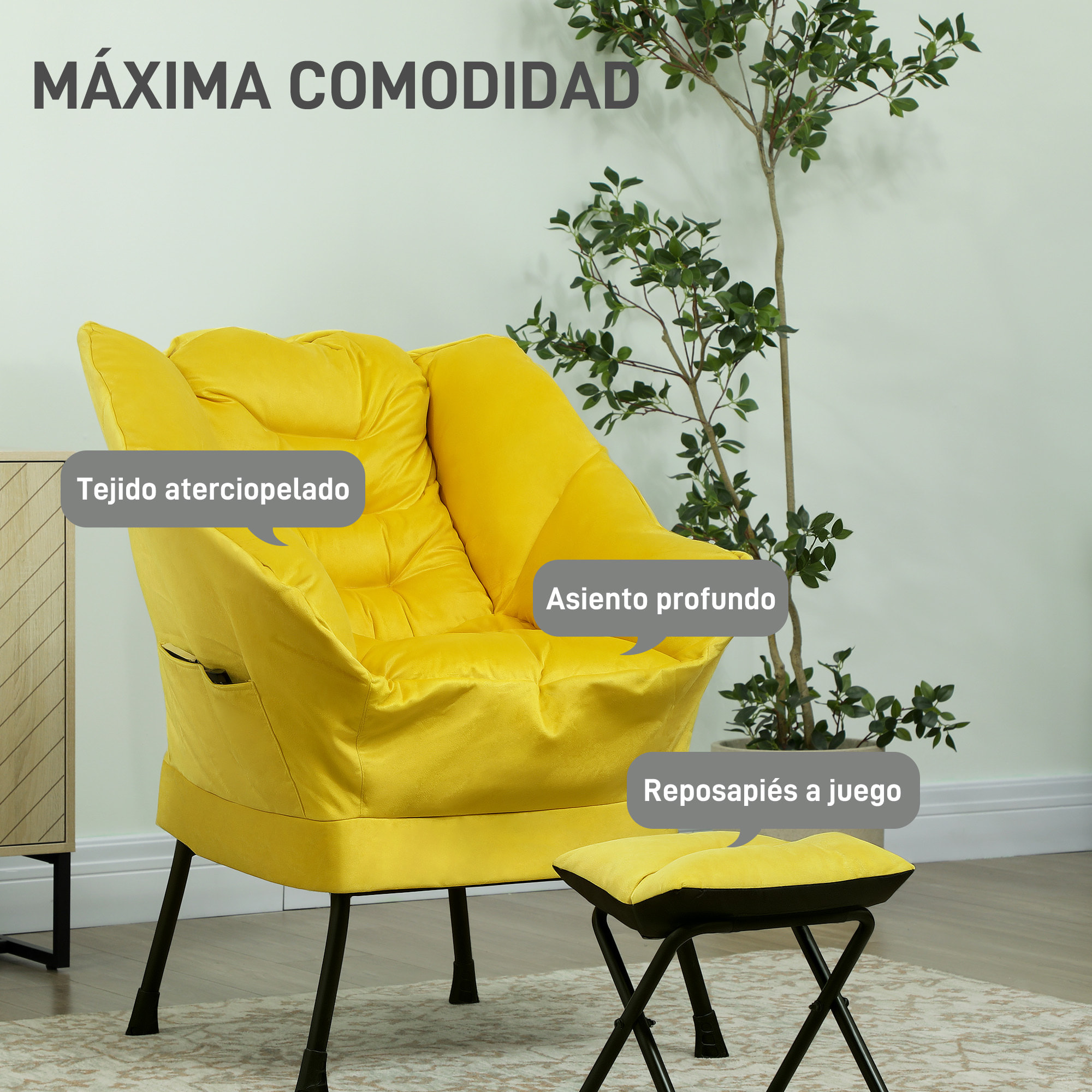 Sillón de Salón con Reposapiés Sillón de Relax Butaca para Dormitorio con Bolsillos Laterales y Patas de Acero para Sala de Estar Amarillo