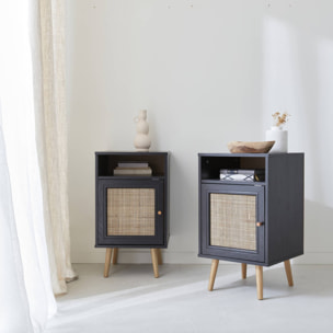 Lot de 2 tables de chevet en cannage - Bohème - 40x39x70cm Noir  - 2 niveaux - 1 portes - 1 espace de rangement - pieds scandinaves