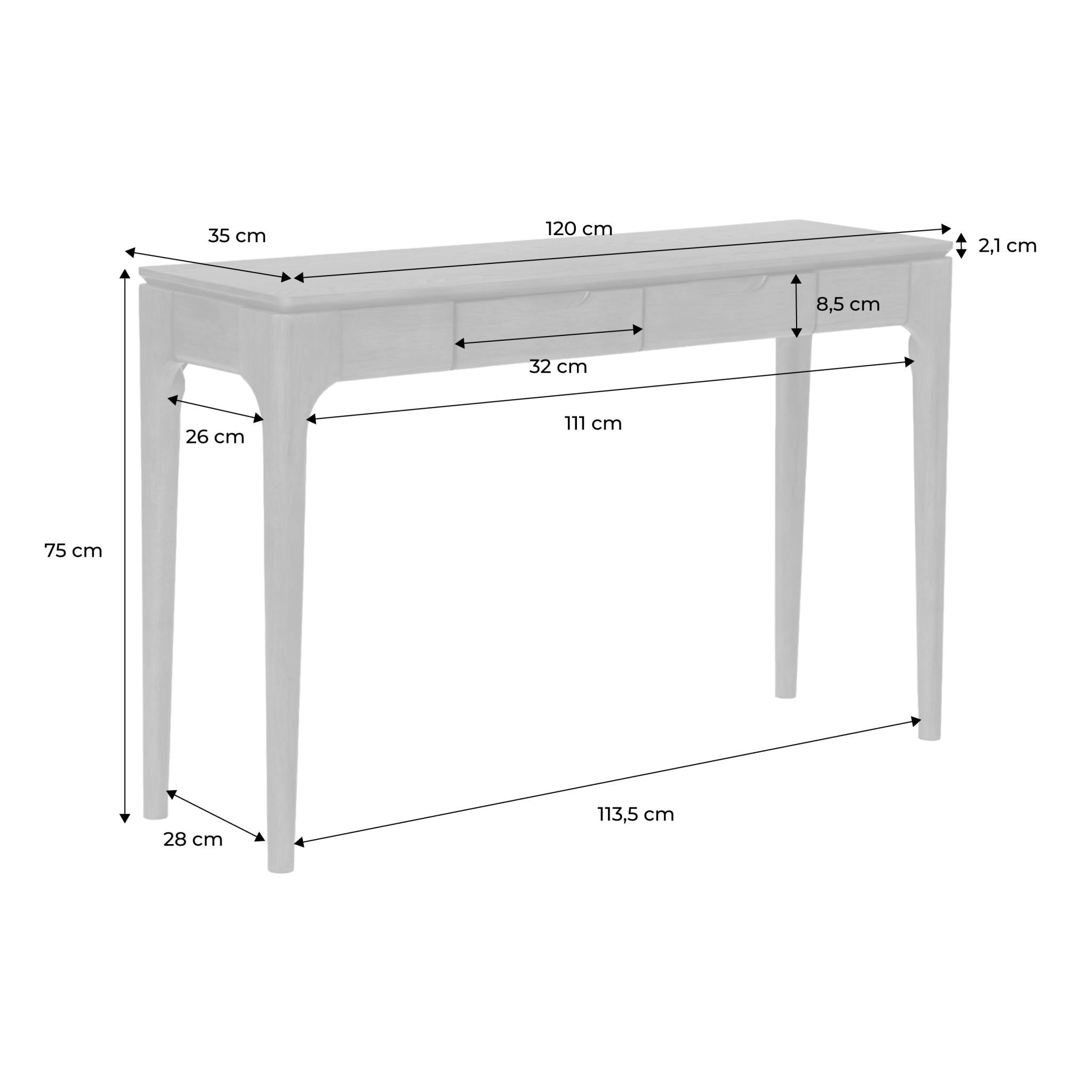 Console bois d'hévéa placage frêne 2 tiroirs ALIENOR