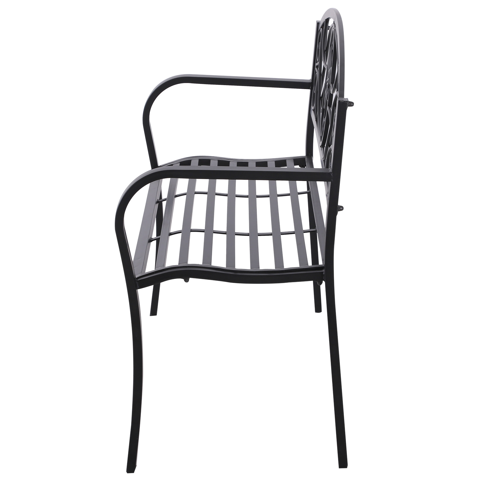 Banc de jardin 2 places style néo-rétro fer forgé motif fleurs de lys dim. 128L x 50l x 91H cm métal époxy noir