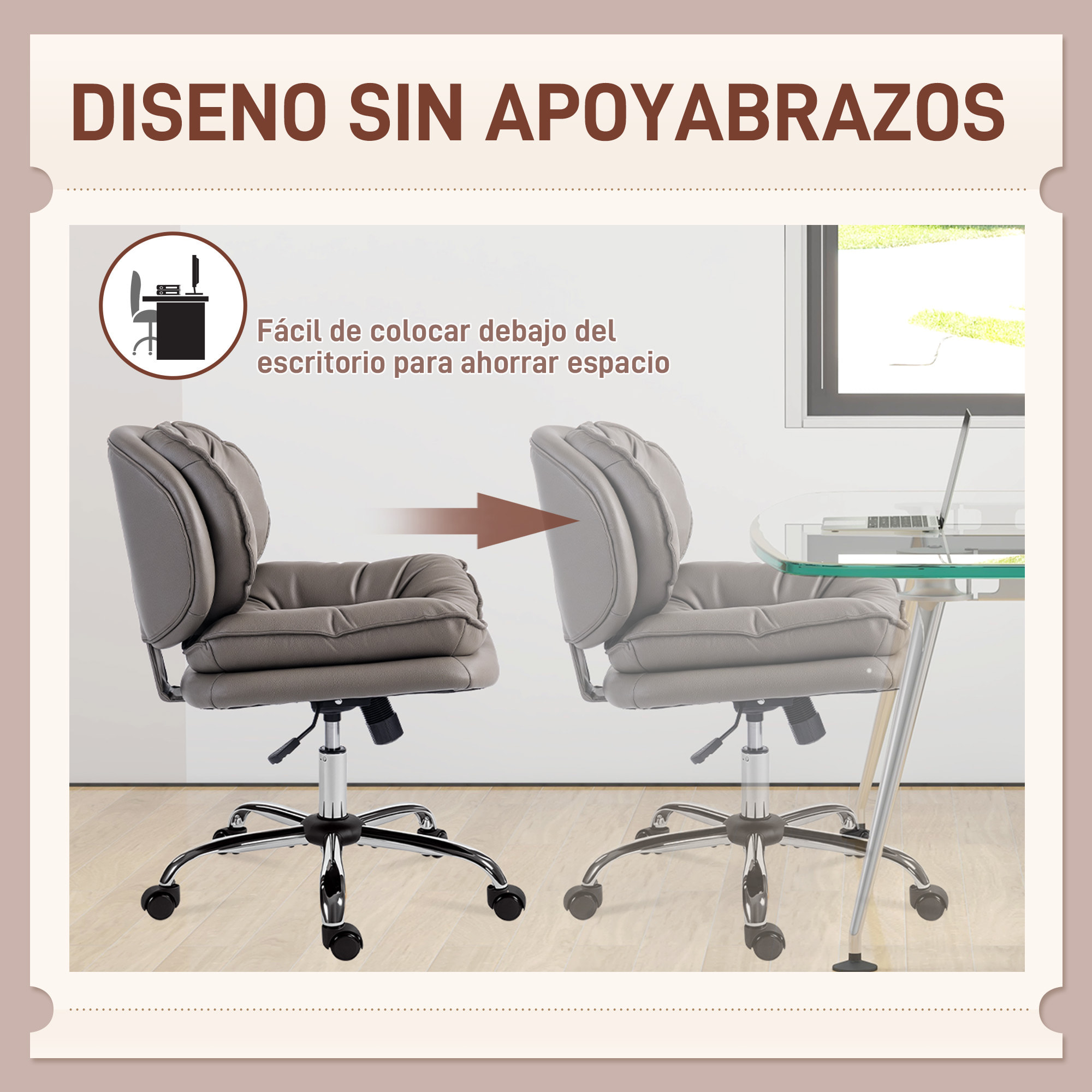 Silla de Oficina Piernas Cruzadas, Silla de Escritorio sin Brazos con Asiento Ancho, Ruedas, Altura Ajustable, Doble Acolchado, Giratoria, Función Basculante, Tapizada en PU, Gris Oscuro