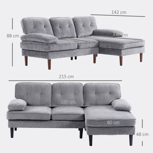 Sofá Esquinero de 3 Plazas Tapizado en Chenilla, Sofá Chaise Longue en Forma de L con Patas de Madera y Reposabrazos, Estilo Moderno, para Salón, 215x142x88 cm, Gris