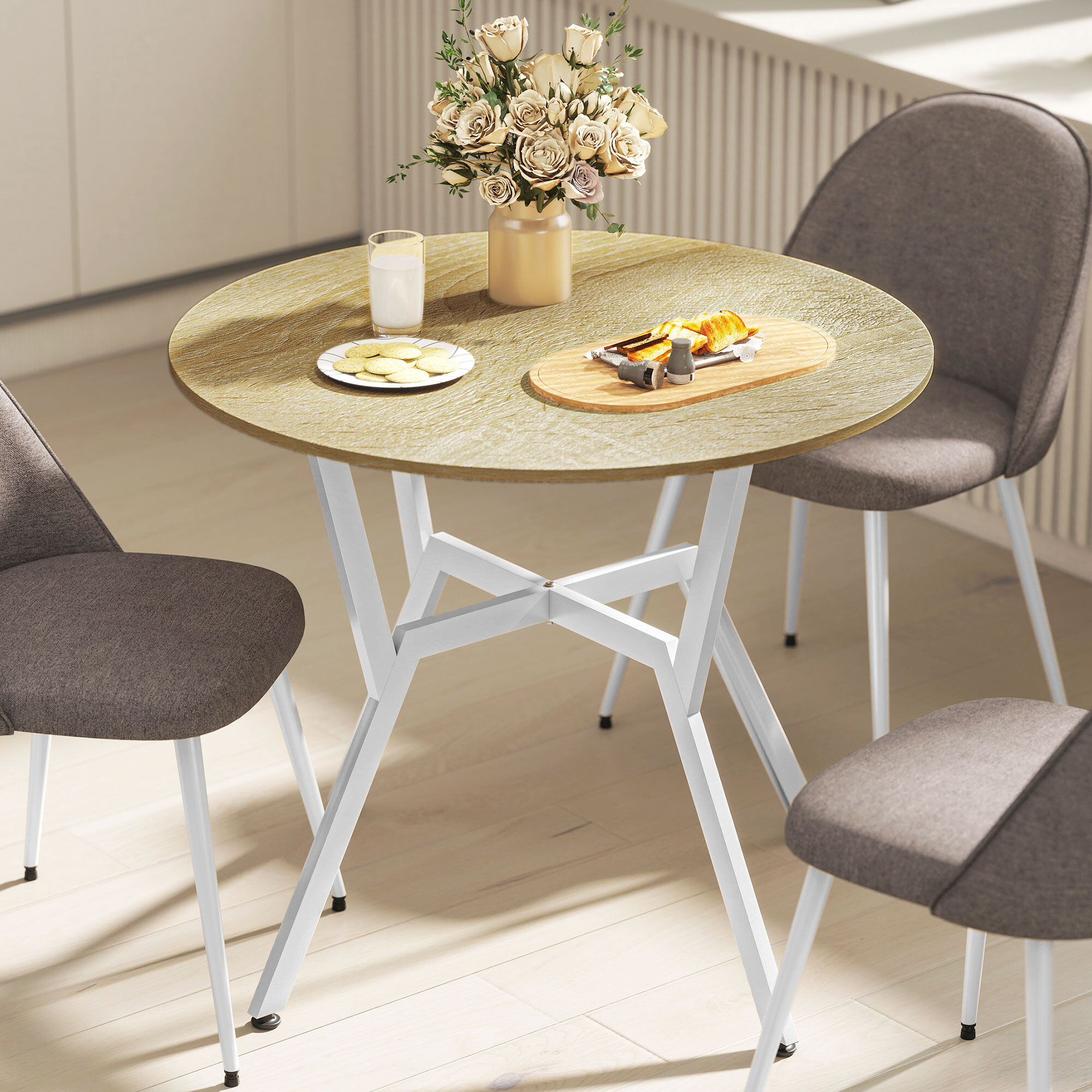 Mesa de Comedor Redonda para 2 Personas, Mesa de Cocina Industrial, Patas Curvadas de Acero, para Salón, 90x90x76 cm, Natural y Blanco