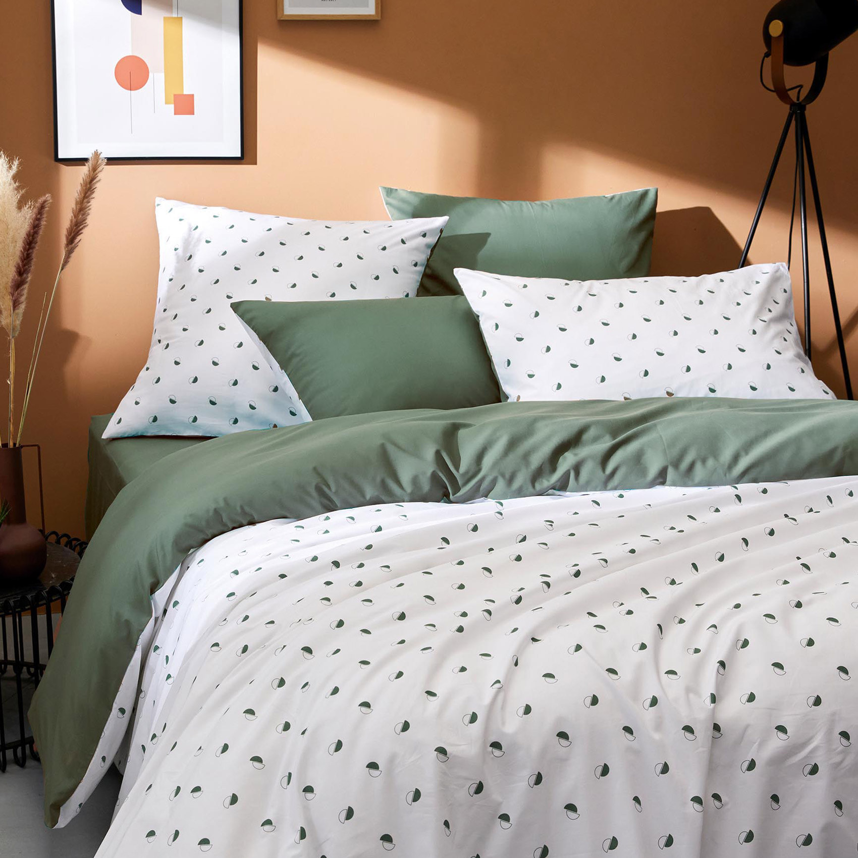 taie d oreiller percale géométrique - Vert Olive