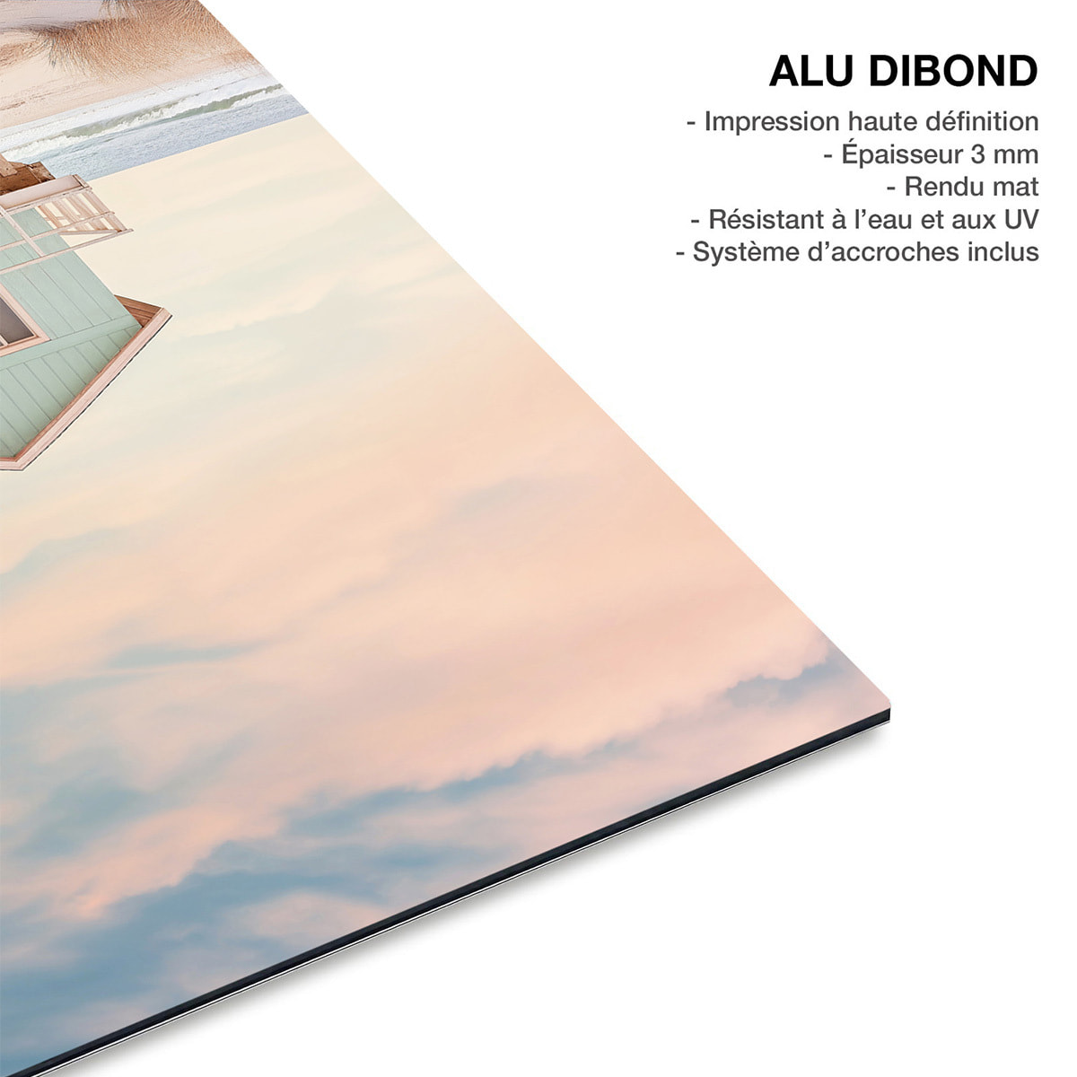 Tableau mer et plage Cabanon bleu pastel Tableau alu Dibond